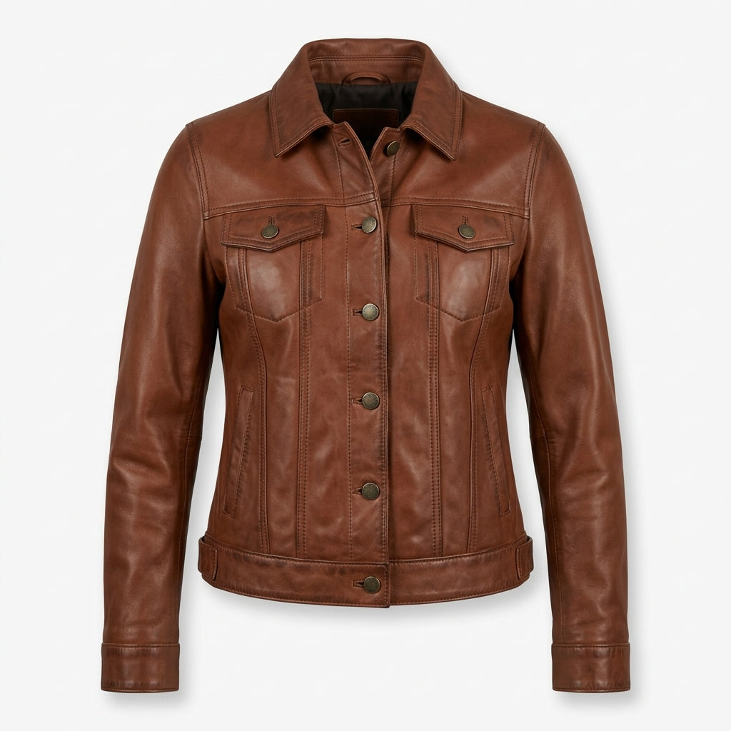 Women's Brown Sheepskin Leather Trucker Jacket – Button-Up Western Coat with Chest Pockets