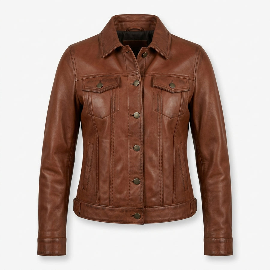Women's Brown Sheepskin Leather Trucker Jacket – Button-Up Western Coat with Chest Pockets