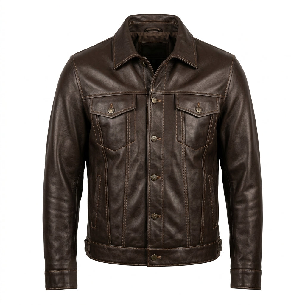 Men's Dark Brown Leather Trucker Jacket