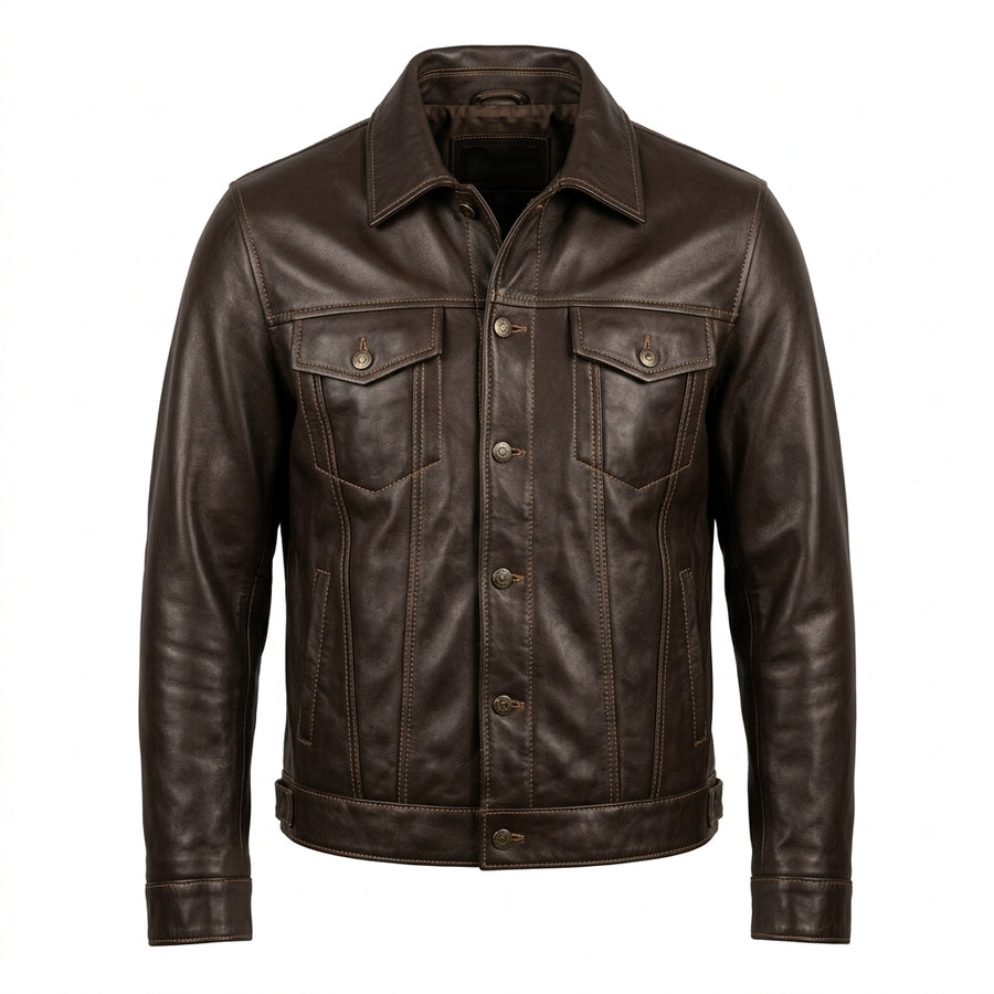 Men's Dark Brown Leather Trucker Jacket