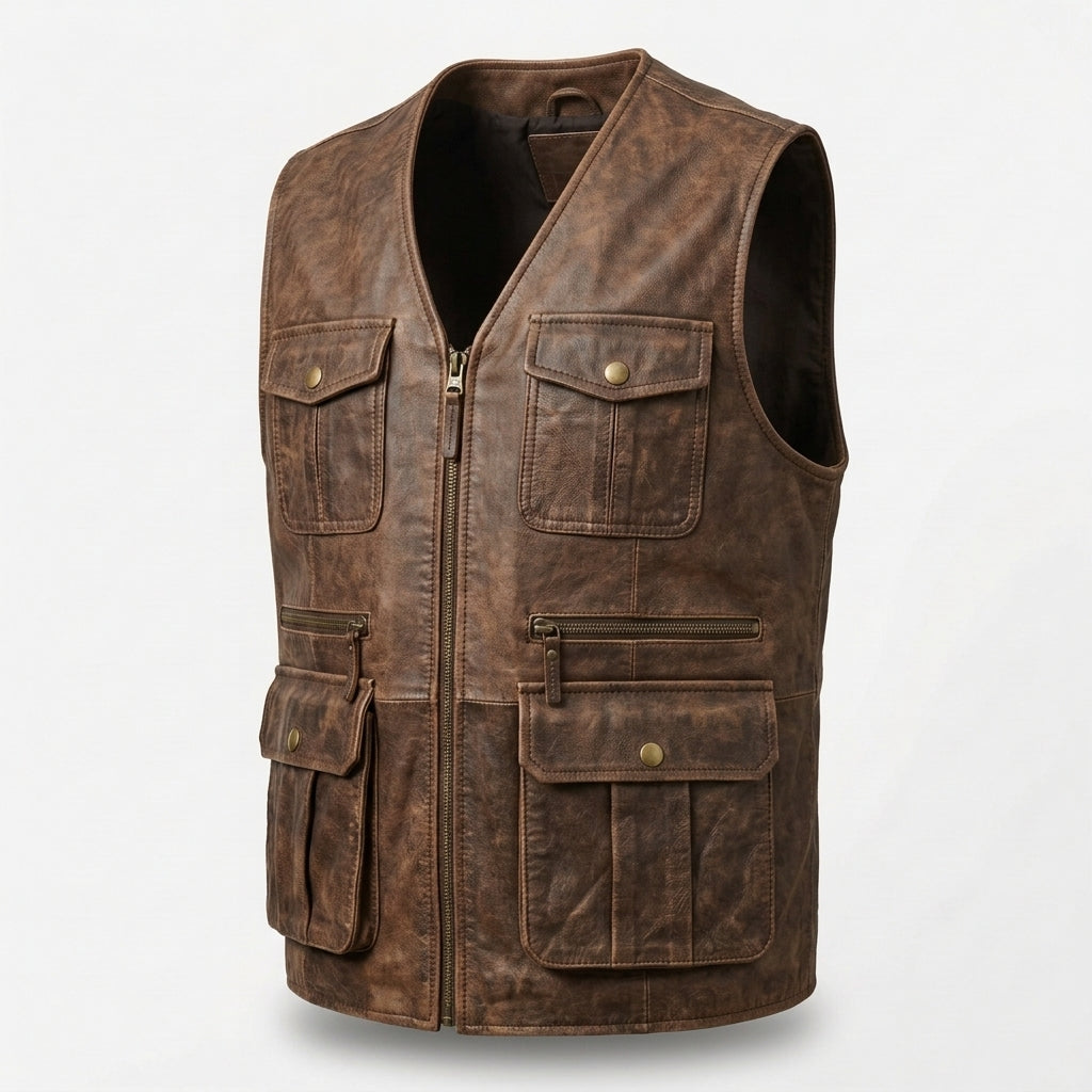 Men's Distressed Brown Leather Utility Vest