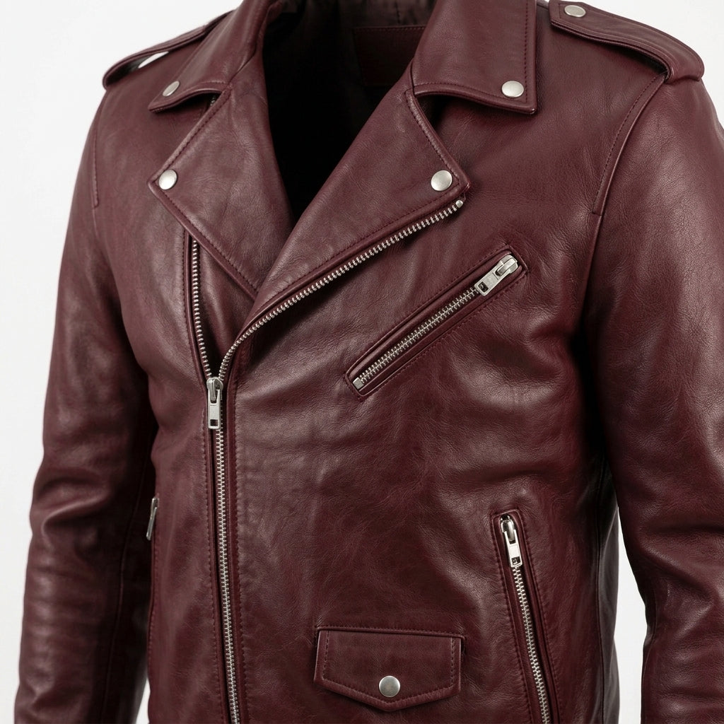 Men's Burgundy Leather Asymmetric Biker Jacket