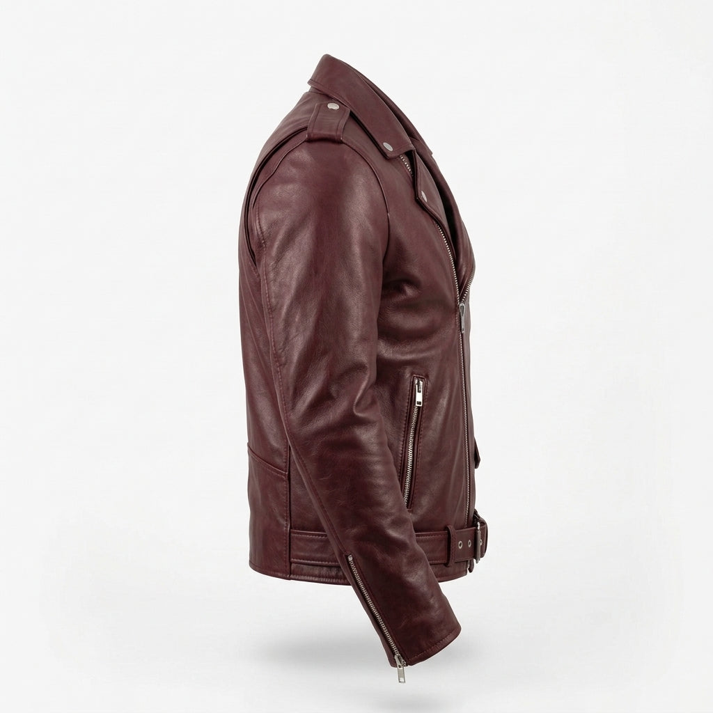 Men's Burgundy Leather Asymmetric Biker Jacket