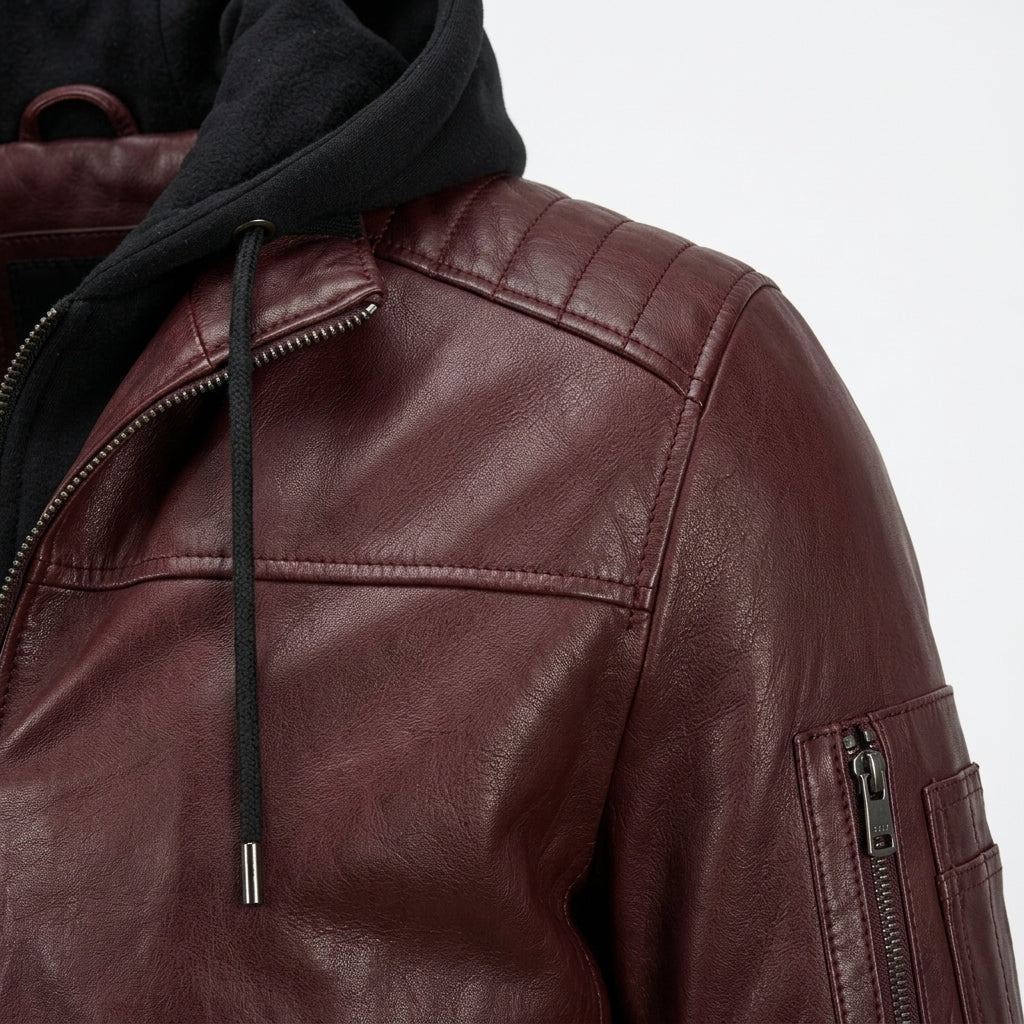 Men's Burgundy Leather Bomber Jacket with Removable Black Hood
