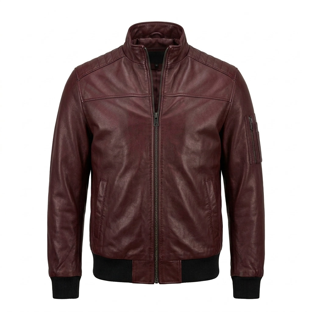 Men's Burgundy Leather Bomber Jacket with Removable Black Hood