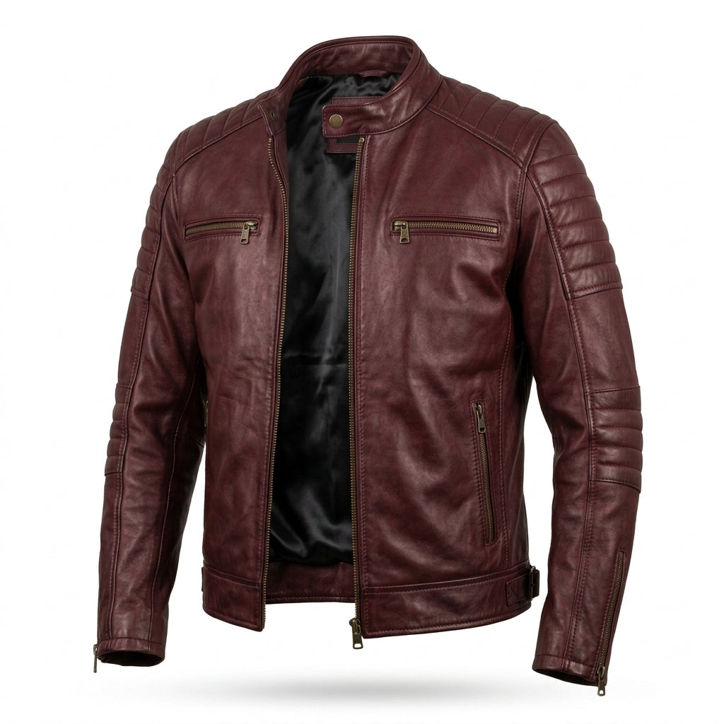 Men's Burgundy Leather Cafe Racer Jacket