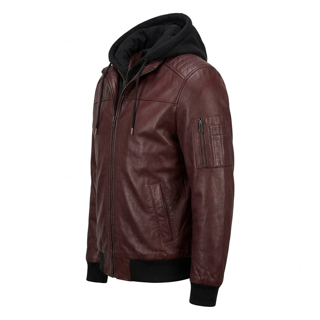 Men's Burgundy Leather Bomber Jacket with Removable Black Hood