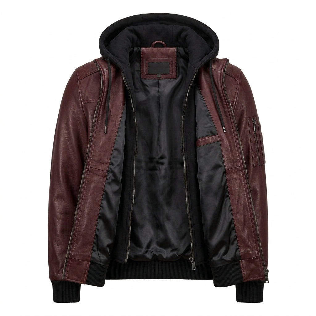 Men's Burgundy Leather Bomber Jacket with Removable Black Hood