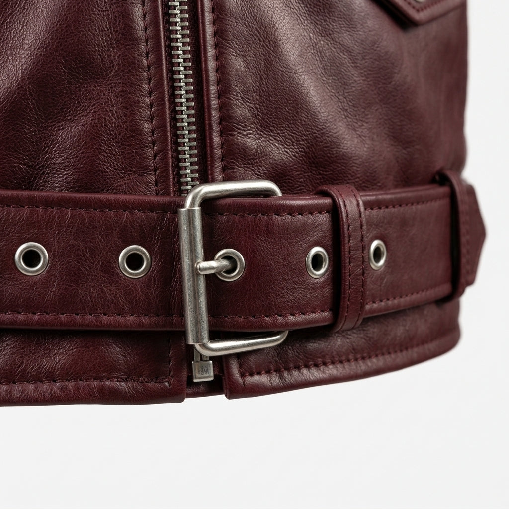 Men's Burgundy Leather Asymmetric Biker Jacket
