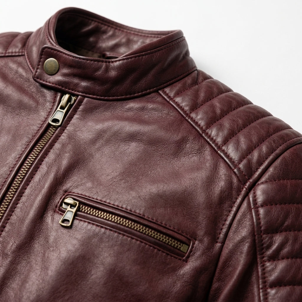 Men's Burgundy Leather Cafe Racer Jacket