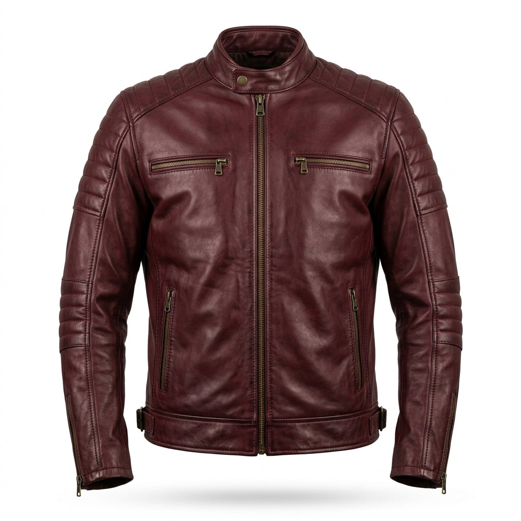 Men's Burgundy Leather Cafe Racer Jacket