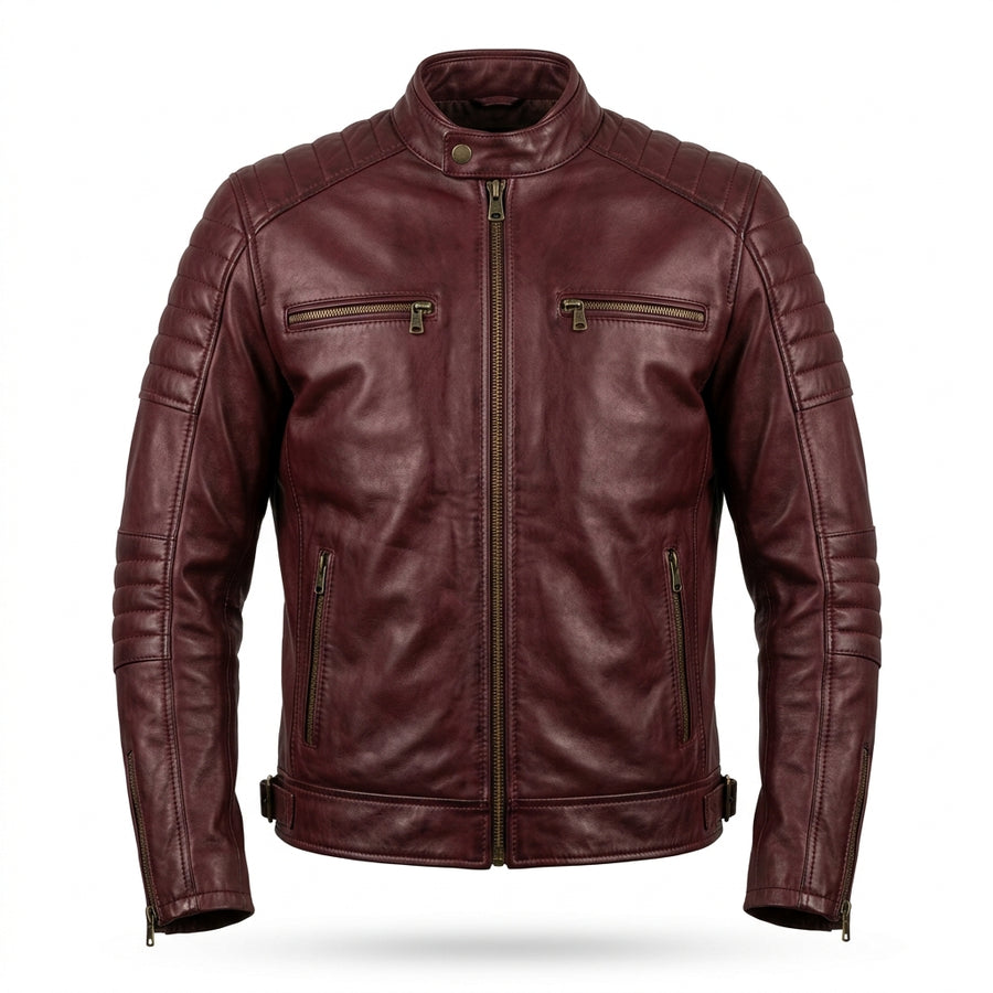 Men's Burgundy Leather Cafe Racer Jacket