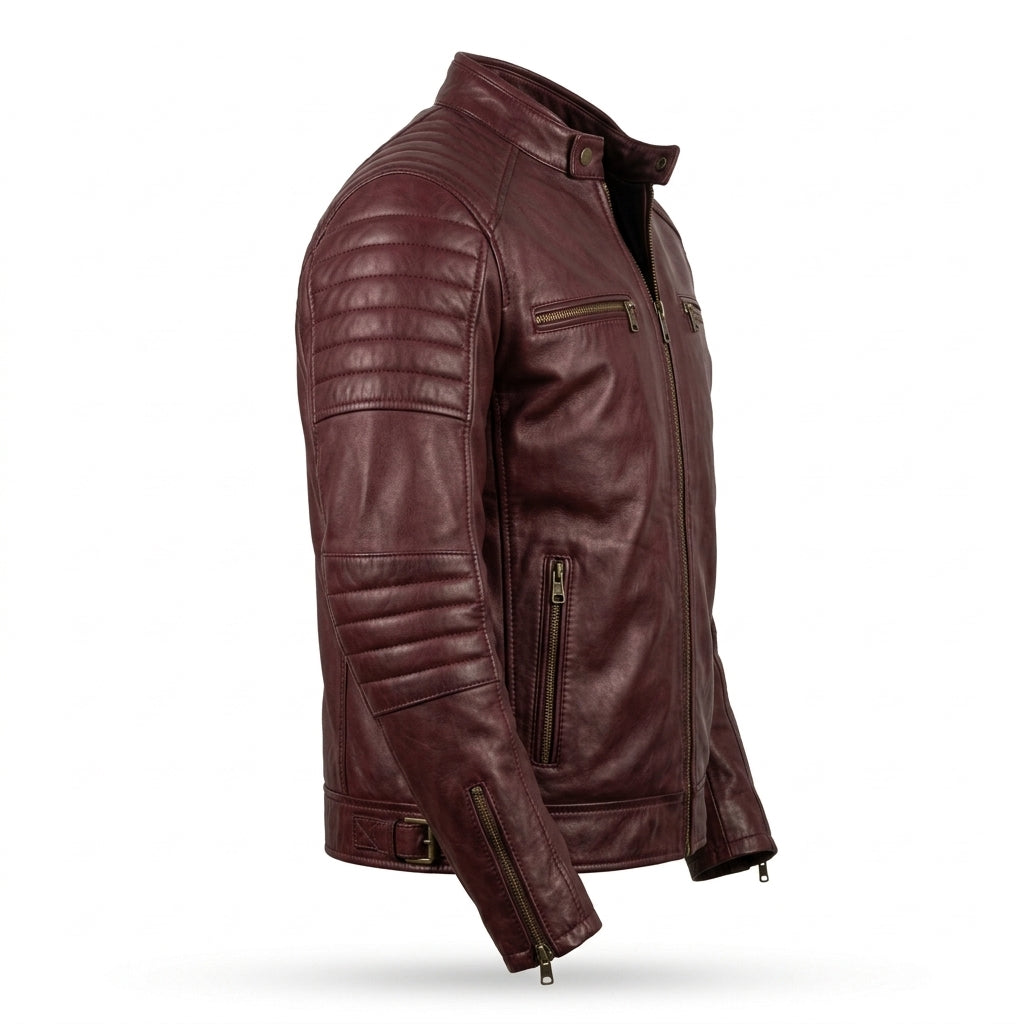 Men's Burgundy Leather Cafe Racer Jacket