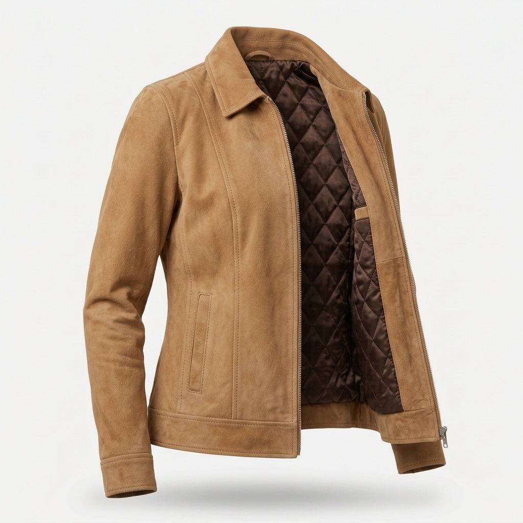 Women's Tan Suede Sheepskin Jacket – Camel Zip-Up Coat with Shirt Collar