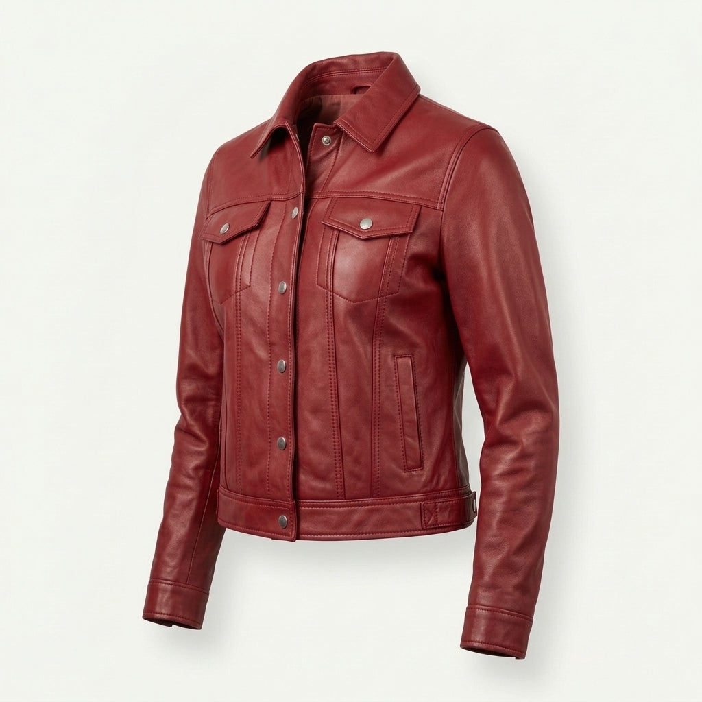 Women's Red Sheepskin Leather Trucker Jacket – Cropped Western Coat with Snap-Front Closure