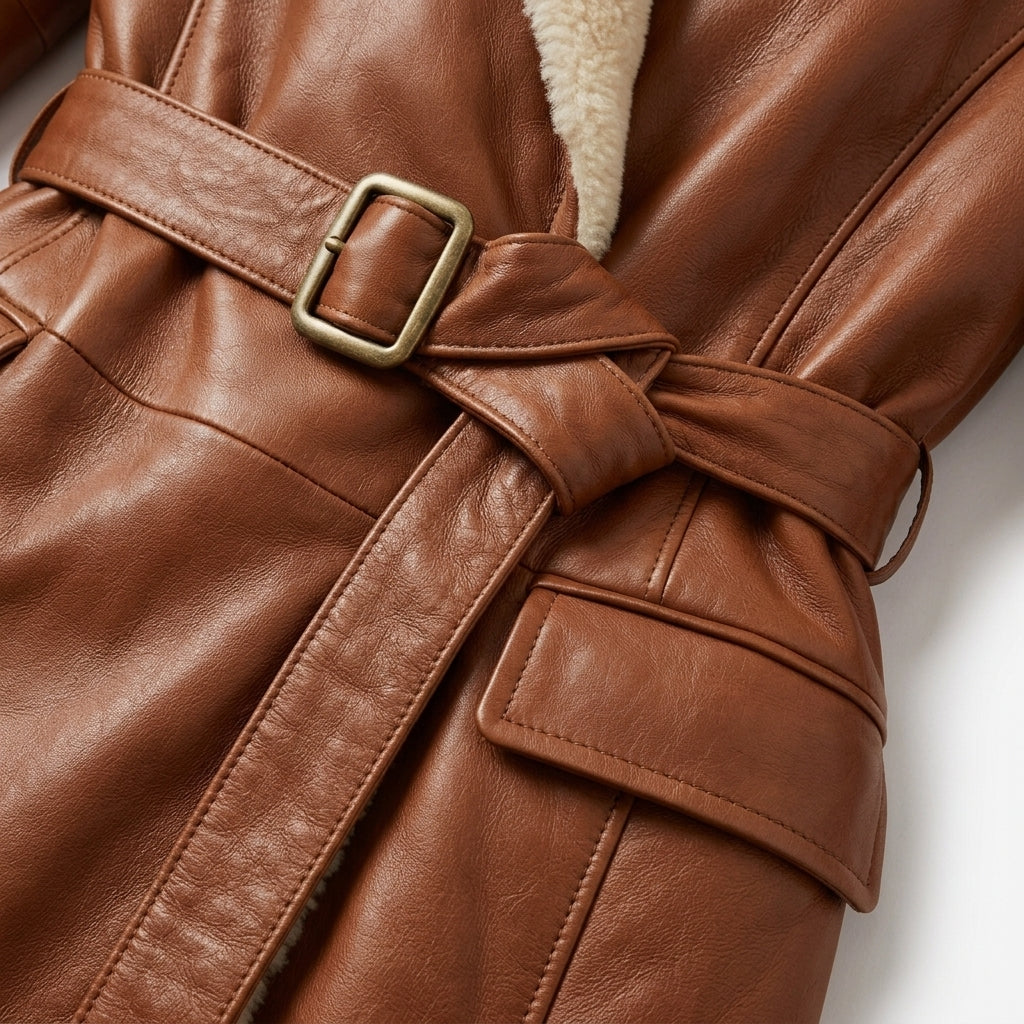 Women's Cognac Shearling-Lined Leather Coat, Knee Length