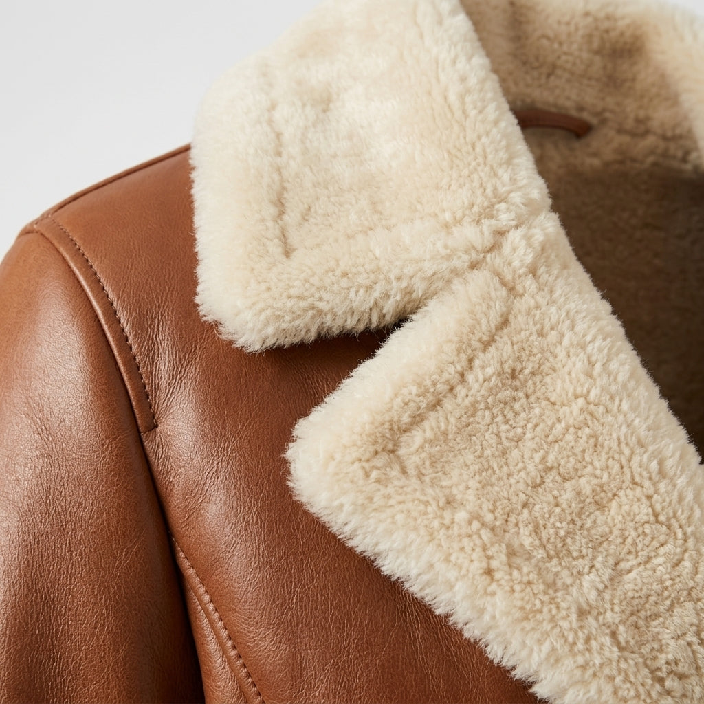 Women's Cognac Shearling-Lined Leather Coat, Knee Length