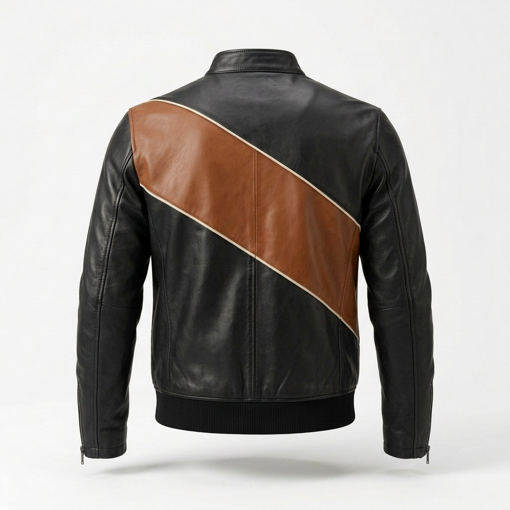 Men's Black and Cognac Color Block Leather Jacket