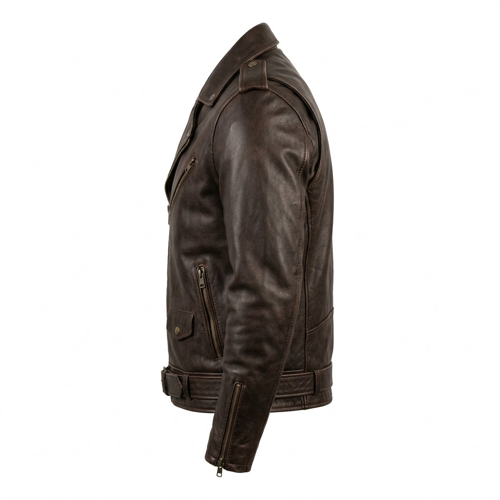 Men's Brown Leather Biker Jacket with Asymmetric Zipper