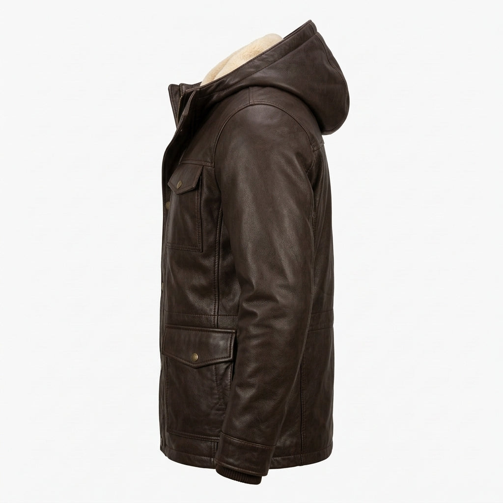 Men's Dark Brown Hooded Leather Utility Jacket with Faux Shearling Hood