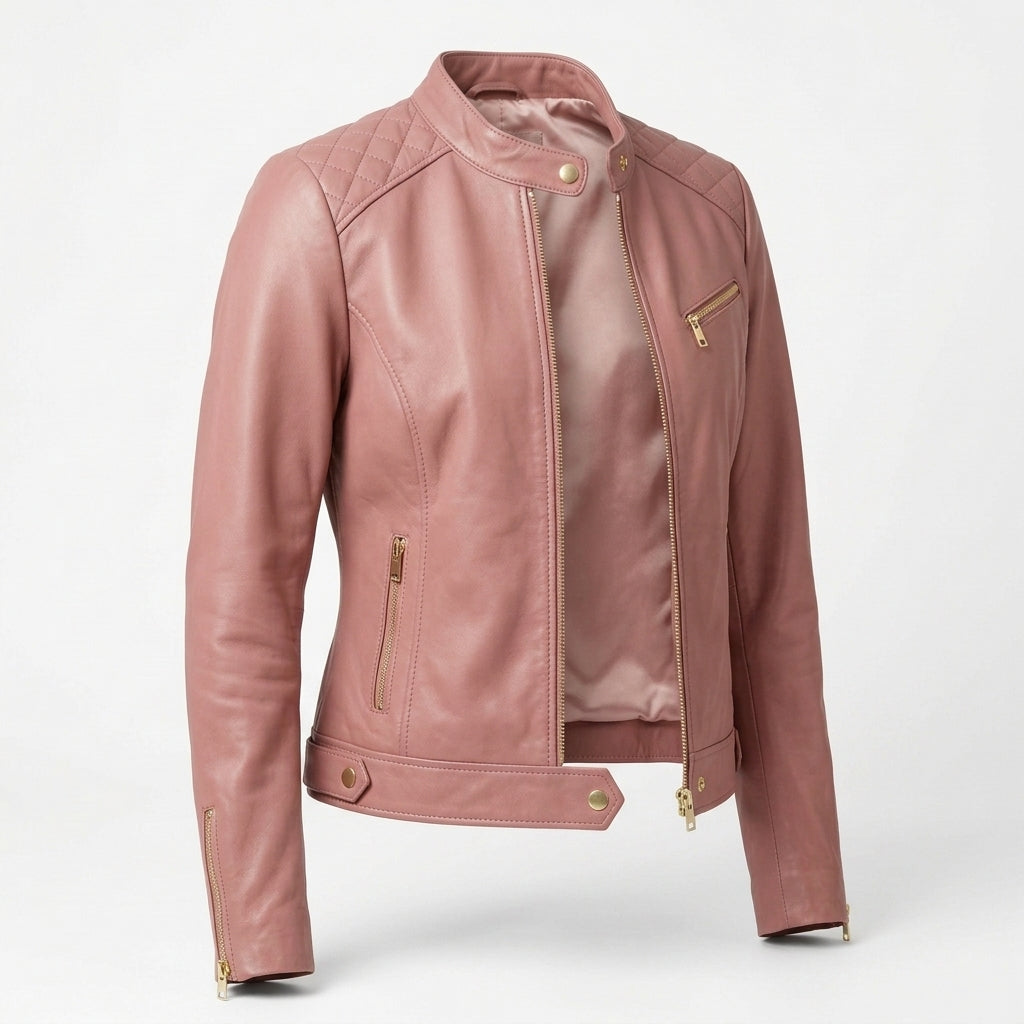 Women's Dusty Rose Sheepskin Leather Cafe Racer Jacket – Quilted Shoulders & Gold Zippers