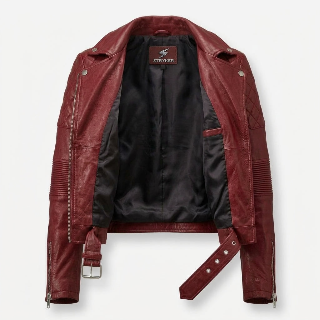 Women's Red Cropped Belted Leather Biker Jacket