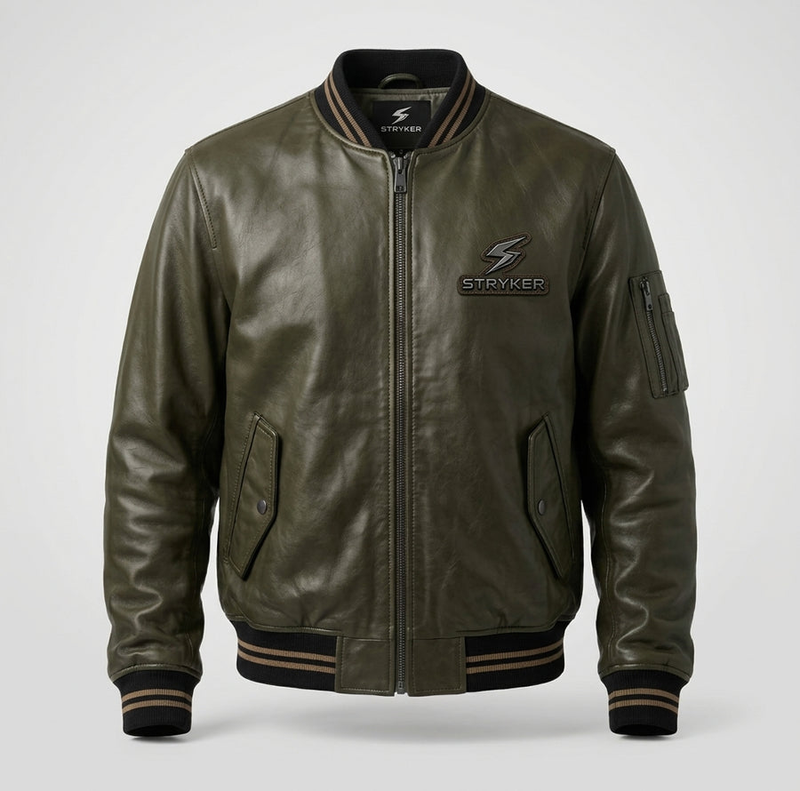 Men's Olive Green Leather Bomber Jacket with Tipped Rib Trims
