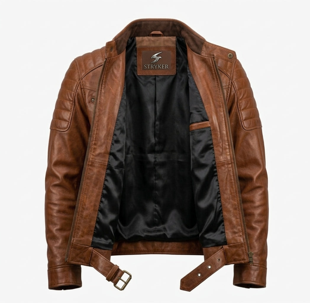 Men's Whiskey Brown Belted Leather Cafe Racer Jacket