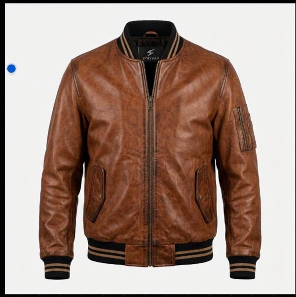 Men's Leather Flight Bomber Jacket with Tipped Rib Trims