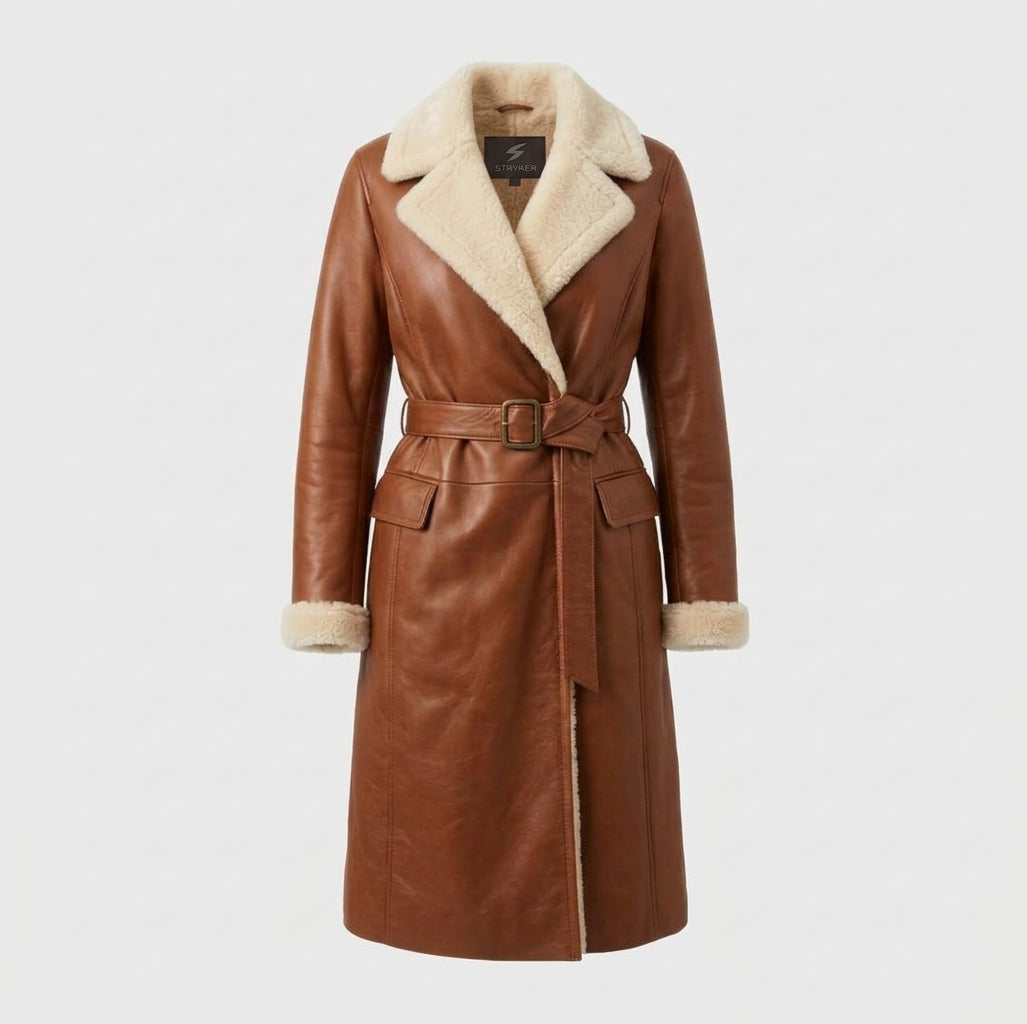 Women's Cognac Shearling-Lined Leather Coat, Knee Length
