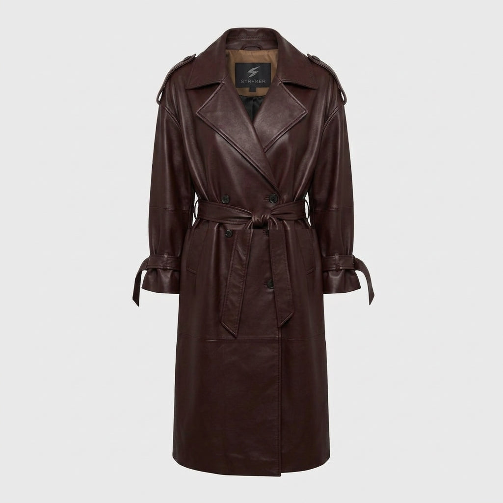 Women's Dark Cherry Brown Long Leather Trench Coat with Tie Belt