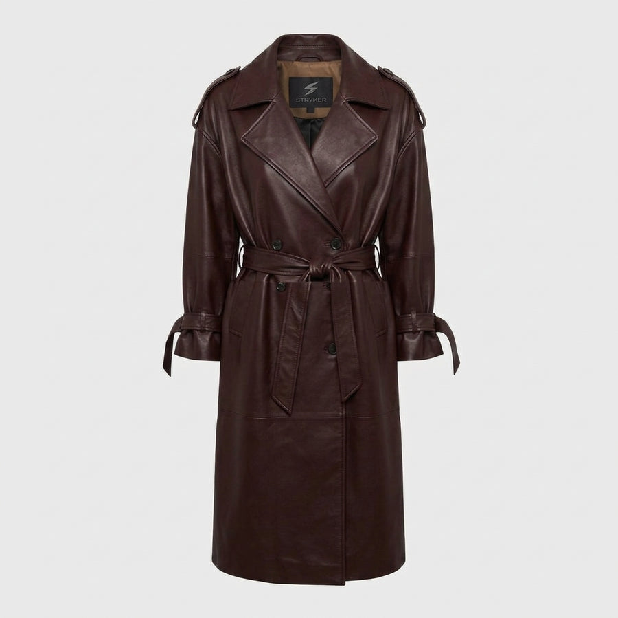 Women's Dark Cherry Brown Long Leather Trench Coat with Tie Belt