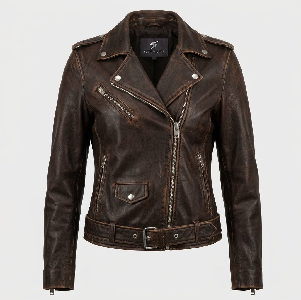 Women's Vintage Brown Leather Biker Jacket with Belt