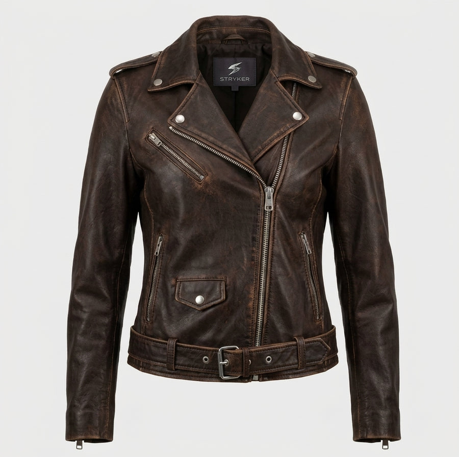 Women's Vintage Brown Leather Biker Jacket with Belt