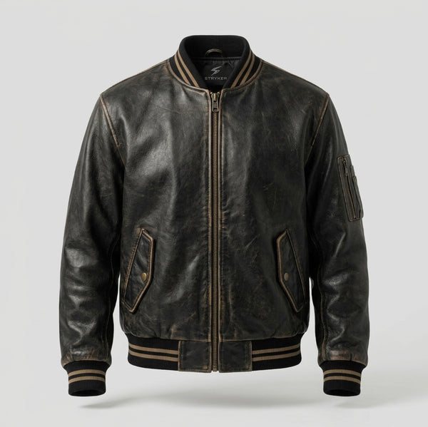 Men's Antique Black Leather Bomber Jacket, Vintage Finish