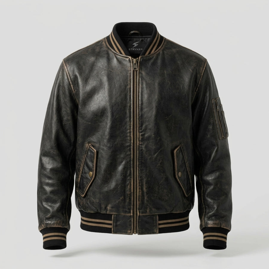 Men's Antique Black Leather Bomber Jacket, Vintage Finish