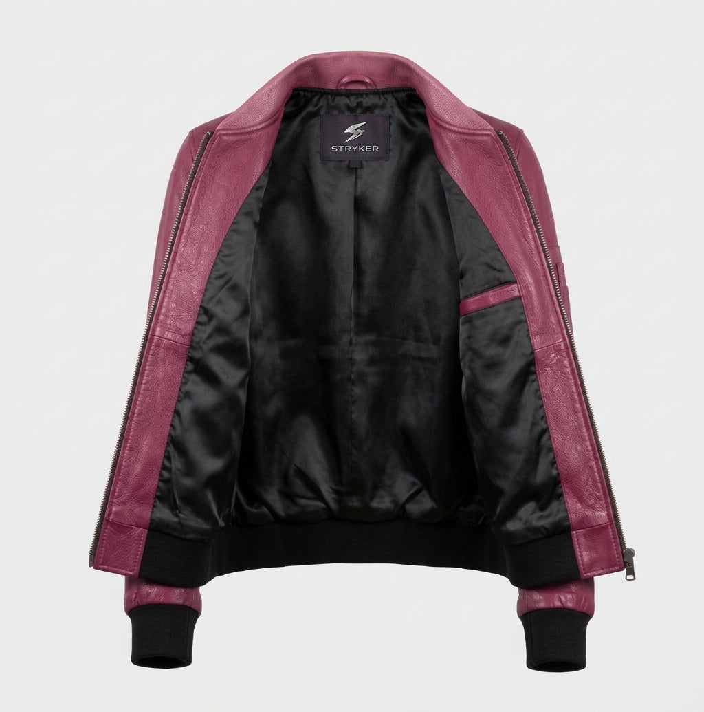 Women's Berry Magenta Pebbled Leather Bomber Jacket