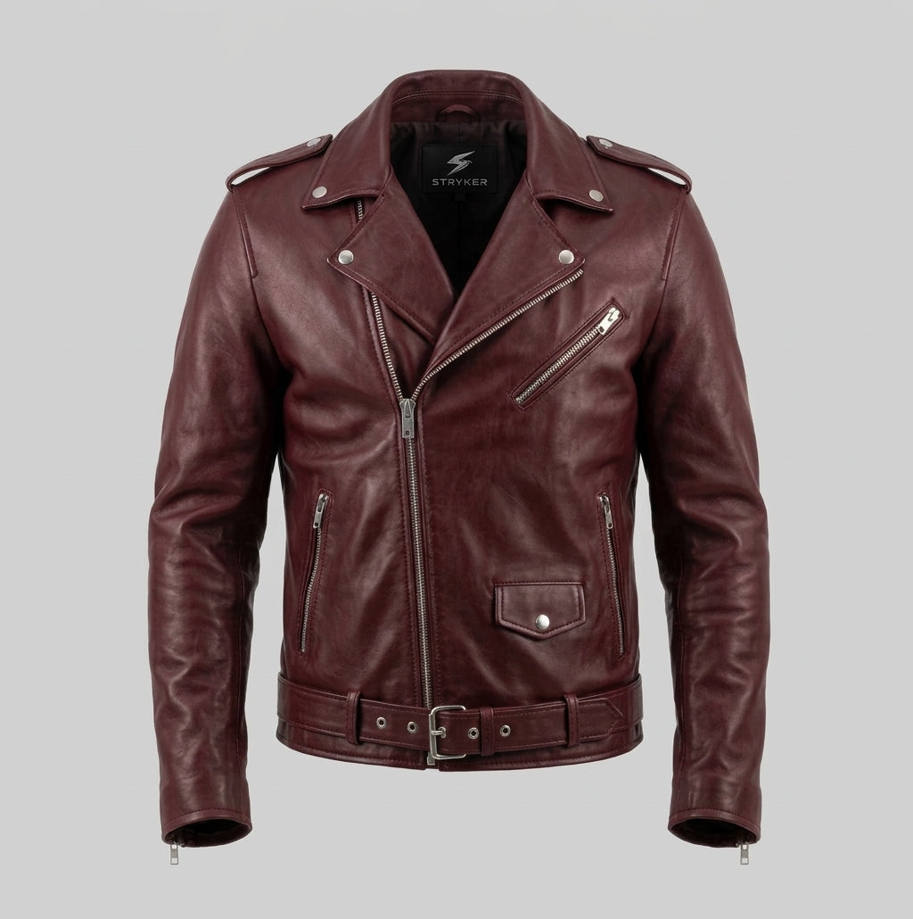 Men's Burgundy Leather Asymmetric Biker Jacket