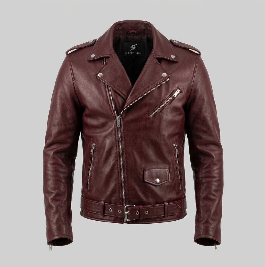 Men's Burgundy Leather Asymmetric Biker Jacket