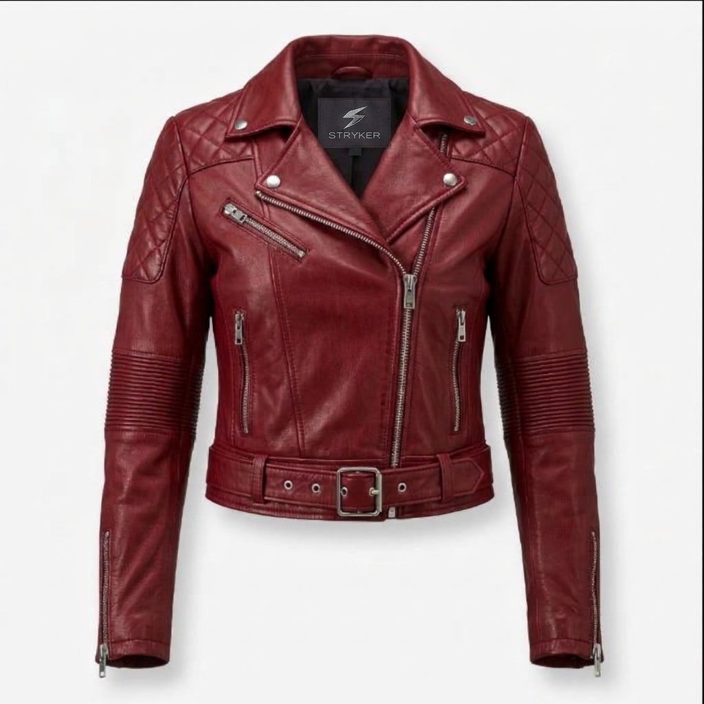 Women's Red Cropped Belted Leather Biker Jacket