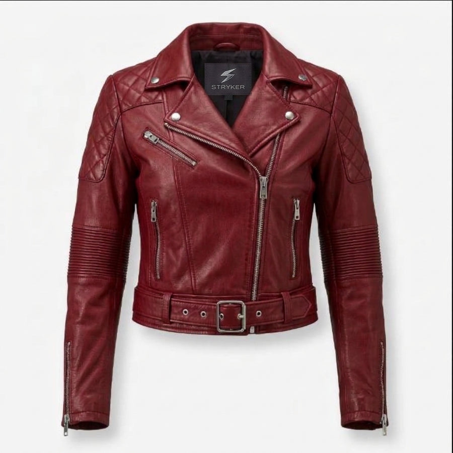 Women's Red Cropped Belted Leather Biker Jacket