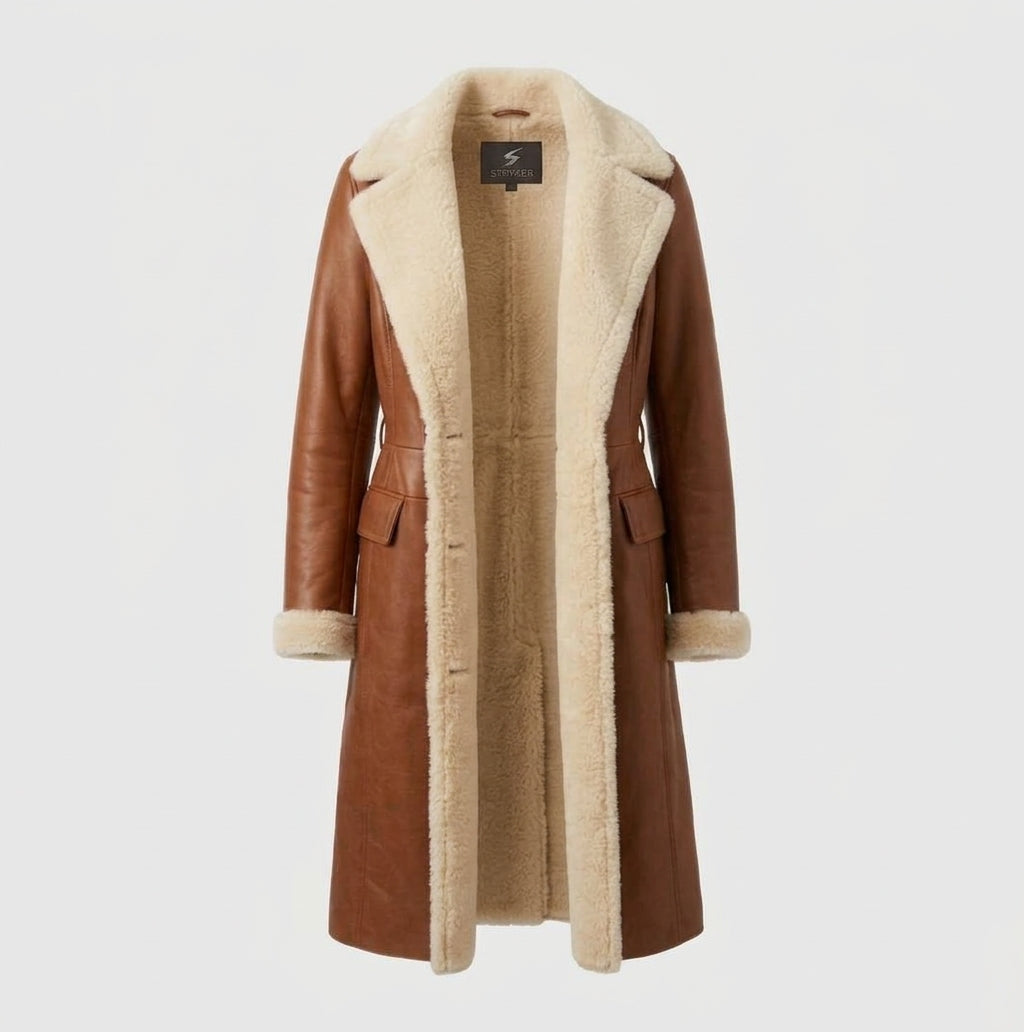 Women's Cognac Shearling-Lined Leather Coat, Knee Length