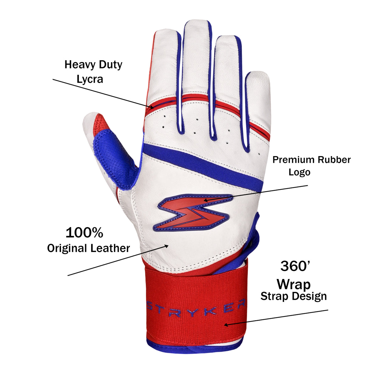 STRYKER Baseball Gloves – Premium Red, White & Royal Blue Sports Gloves