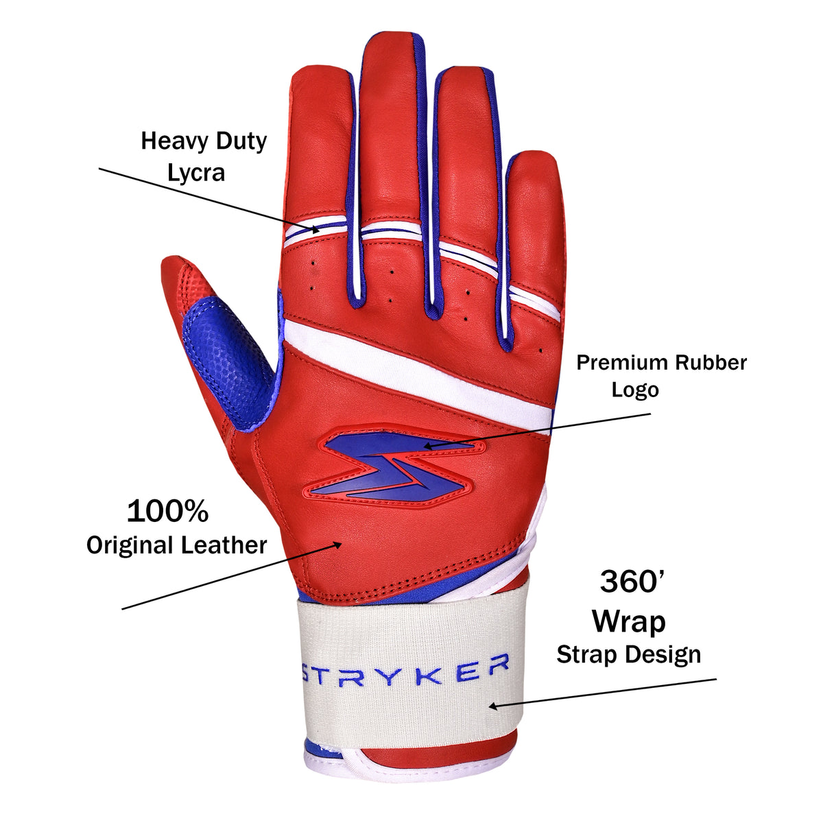 STRYKER Baseball Gloves – Premium Red, White & Royal Blue Sports Gloves