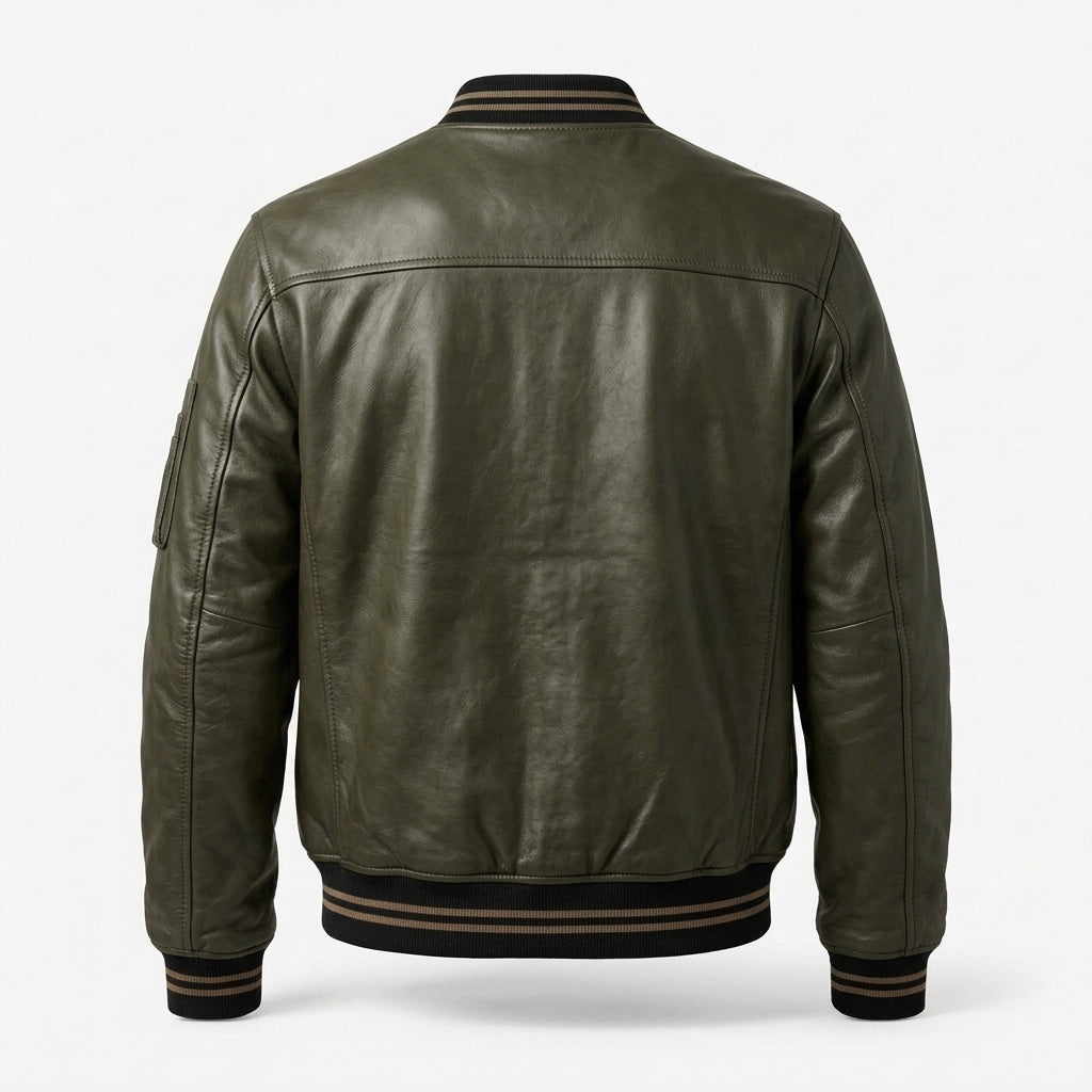Men's Olive Green Leather Bomber Jacket with Tipped Rib Trims