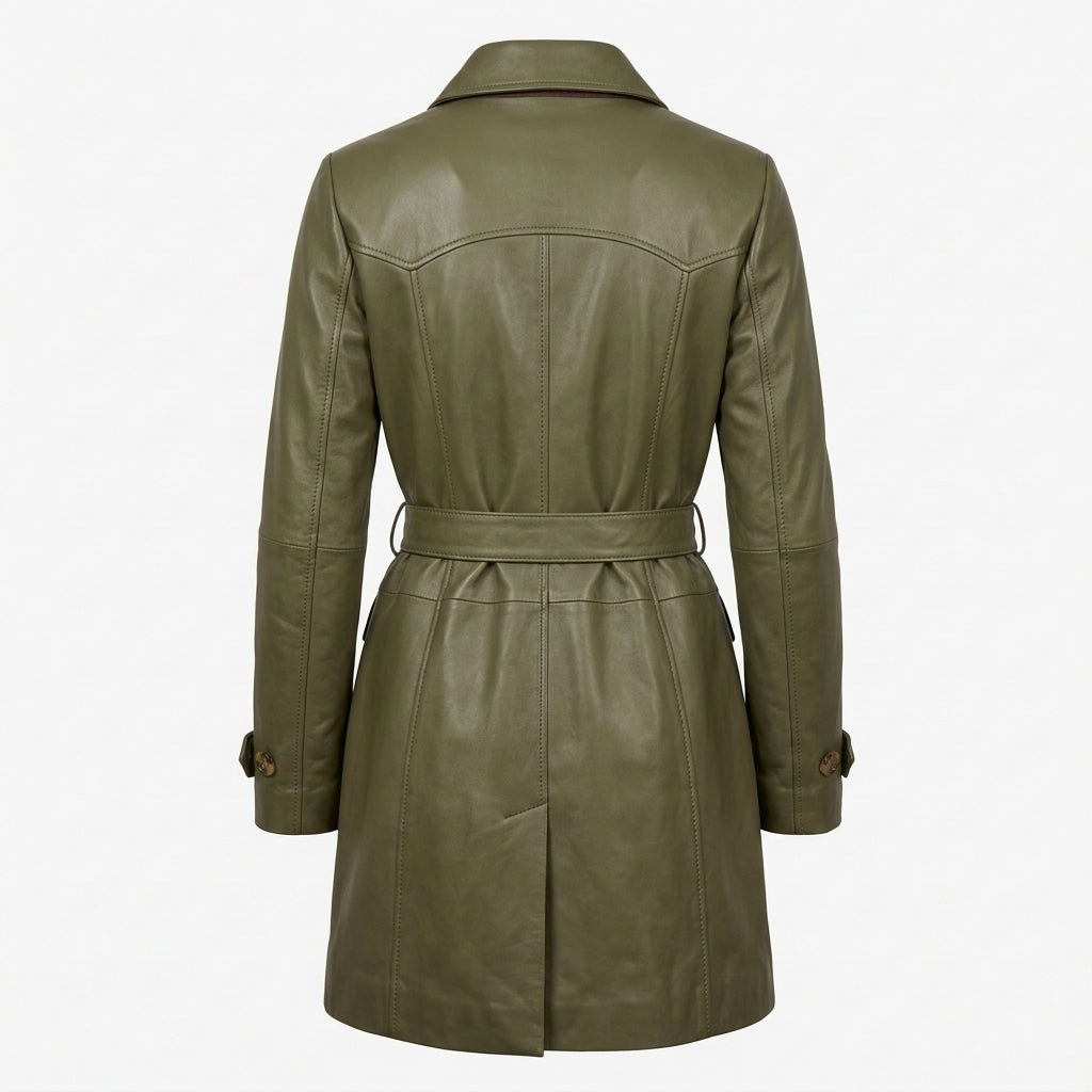 Women's Olive Green Sheepskin Leather Coat – Mid-Length Belted Car Coat with Collar & Buttons