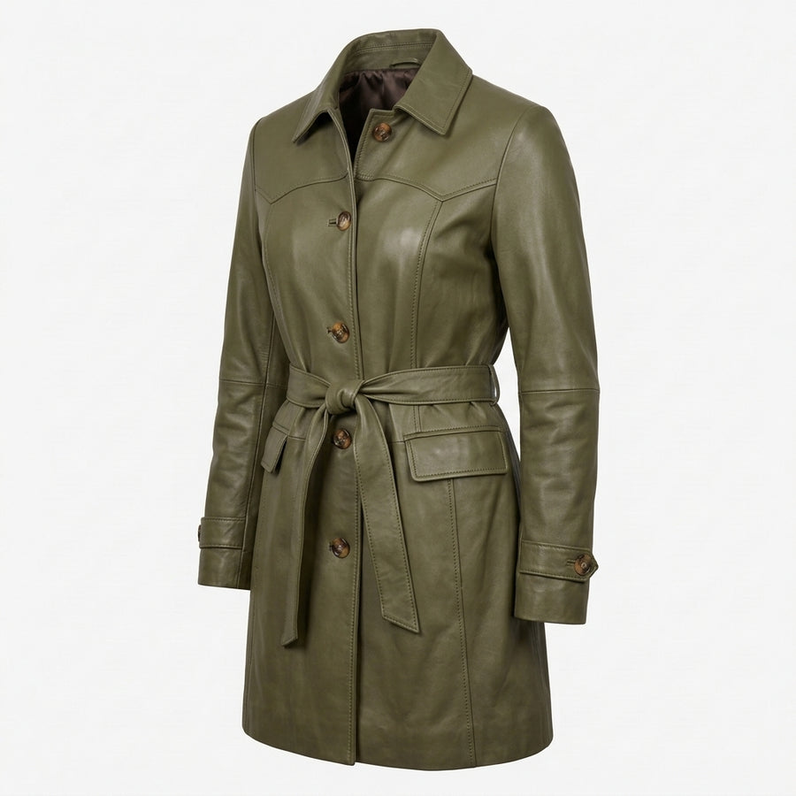 Women's Olive Green Sheepskin Leather Coat – Mid-Length Belted Car Coat with Collar & Buttons