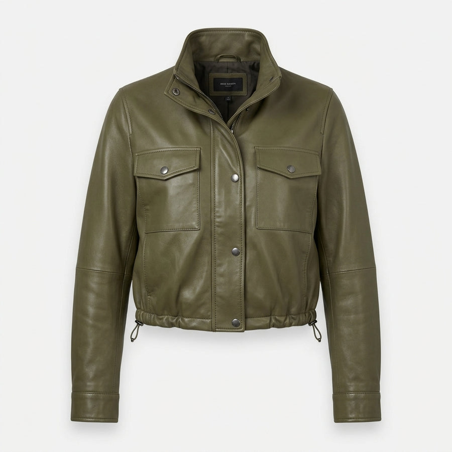 Women's Olive Green Cropped Leather Utility Jacket