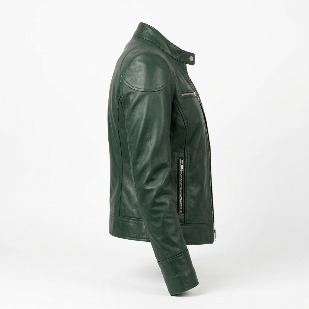 Women's Green Sheepskin Leather Cafe Racer Jacket – Slim Fit Biker Moto Coat with Band Collar