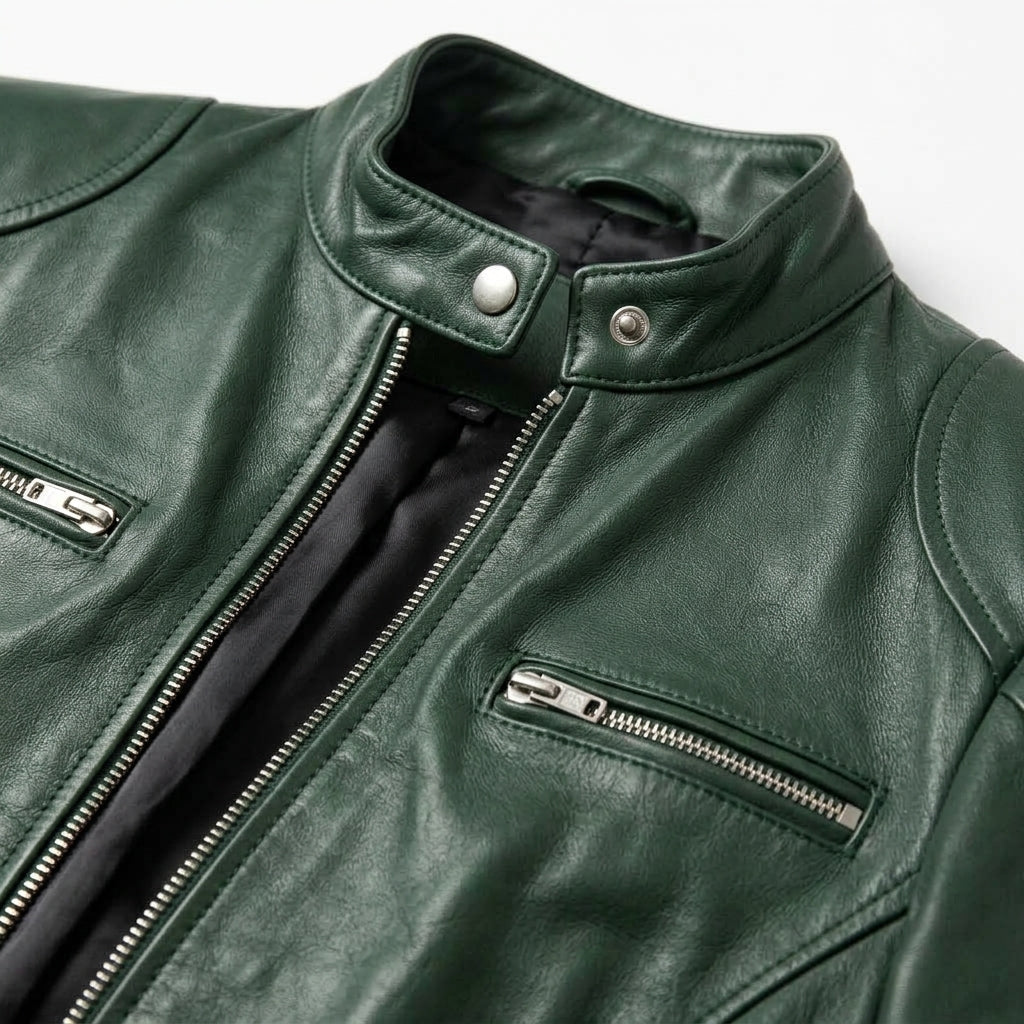 Women's Green Sheepskin Leather Cafe Racer Jacket – Slim Fit Biker Moto Coat with Band Collar